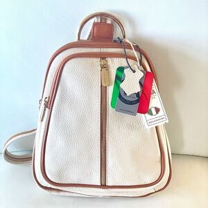 NWT Valentina Genuine Ivory & Tan Pebble Italian Leather Convertible Backpack